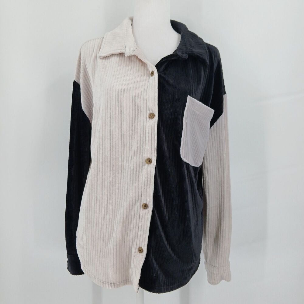 Almost Famous Colorblock Corduroy Button Down Shacket Jacket Womens XL black